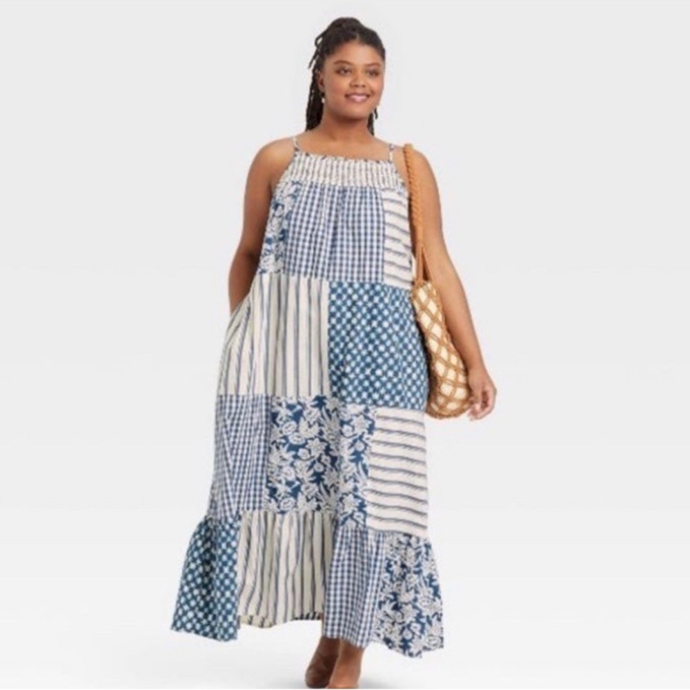 Universal thread plus 2X Sleeveless Tiered maxi Dress Blue Patchwork boho summer